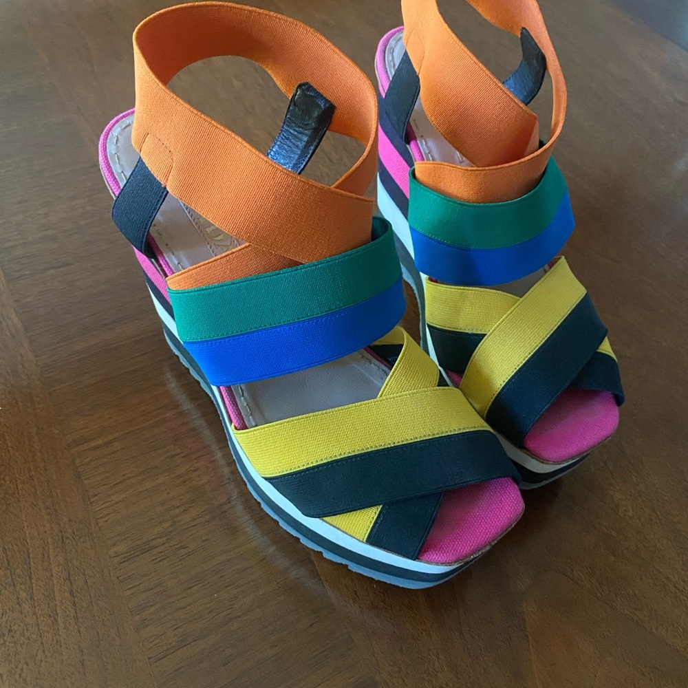 Prada multicolored bandage elastic sling-back wedge sandals